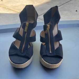 Women’s Black Espadrille Wedge Sandals with Front Zip